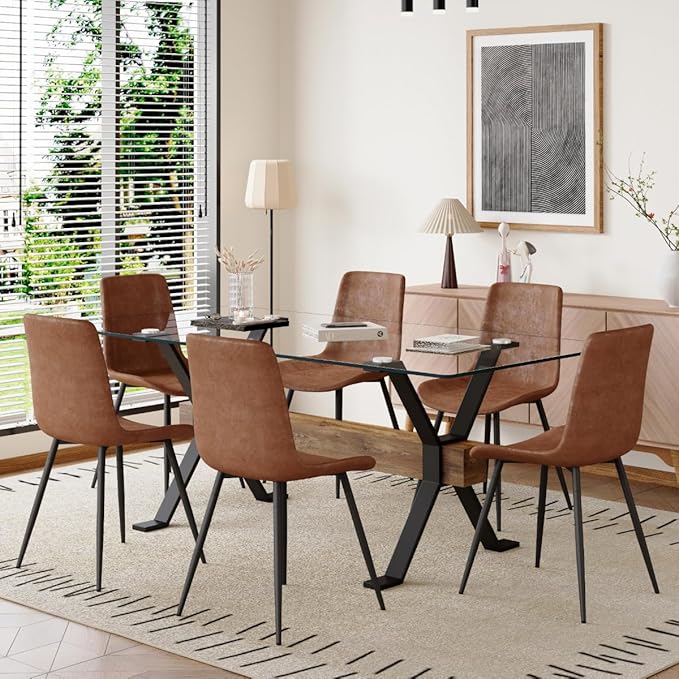 7 Piece Glass Dining Table Set, Kitchen Table Chairs Set for 6, 71'' Dining Table with 0.4" Tempered Glass Tabletop with Plated Metal Legs and MDF Crossbar, 6 Suede Chairs for Dining Room, Kitchen.