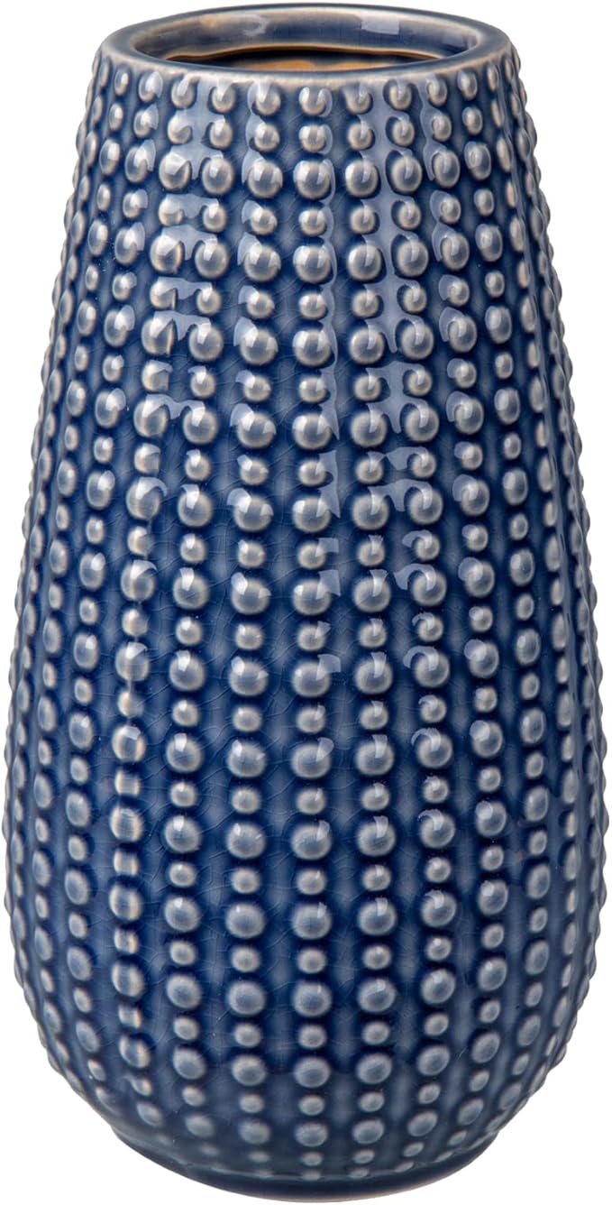 Blue Ceramic Vases for Flowers, Boho Flower Vase for Home Decor, Farmhouse Distressed Decorative Vases for Pampas Grass, Mantel, Shelf, Living Room, Table Decoration