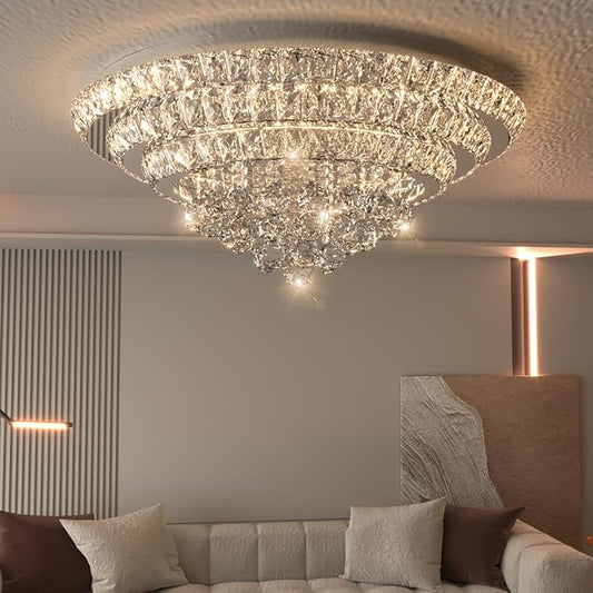 Modern Chandelier Glam Ceiling Light with Bulbs Living Room LED Dimmable Chandelier for Dining Room Bedroom Ceiling Lighting Fixture 32 Inches Silver Light