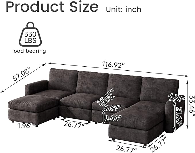 Cloud Couch Modular Sectional Sofa with Ottoman,6 Seat Combination (4 Seater and 2 Ottomans), Grey Corduroy L Shaped Couch, Comfy Modular Sofa for Living Room, Bedroom, Lounge