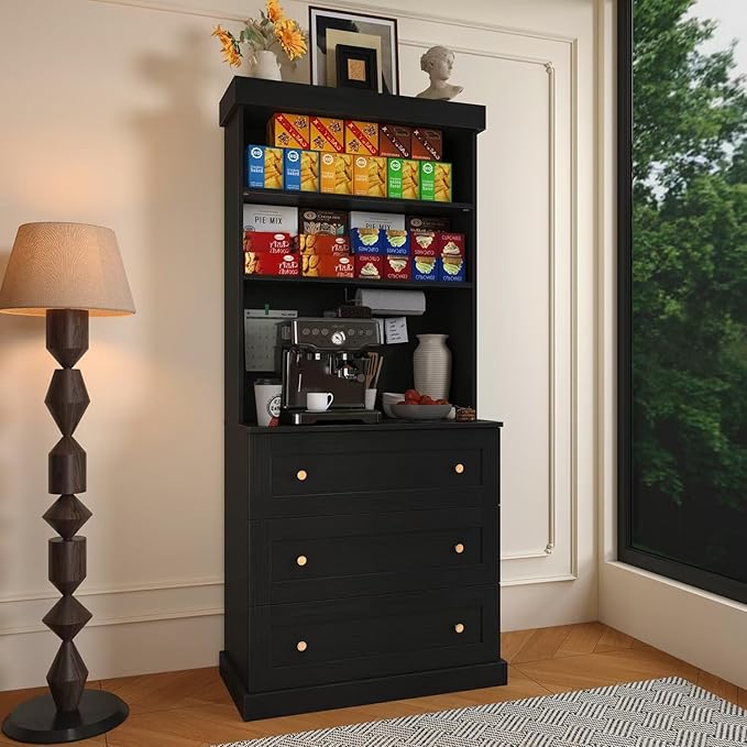 71" Farmhouse Kitchen Pantry Cabinet with Drawers, Black Freestanding Coffee Bar Hutch with Microwave Stand, Large Storage Cabinet with Adjustable Shelves for Kitchen, Living Room
