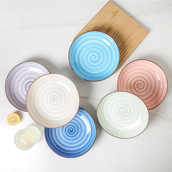 KitchenTour Large Pasta Bowls 34 oz, Ceramic Salad Serving Bowls Set of 6, 8.6 Inch Wide and Shallow Bowl for Soup- Dishwasher and Microwave Safe, Assorted Warm Colors