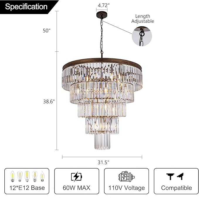 TOCHIC Large Crystal Chandelier for High Ceiling, 40 inch 7-Tier Modern Black Crystal Chandeliers Lighting Fixture, Round Light for Entryway Staircase Foyer Living Room (Bronze, 31.5 Inches)