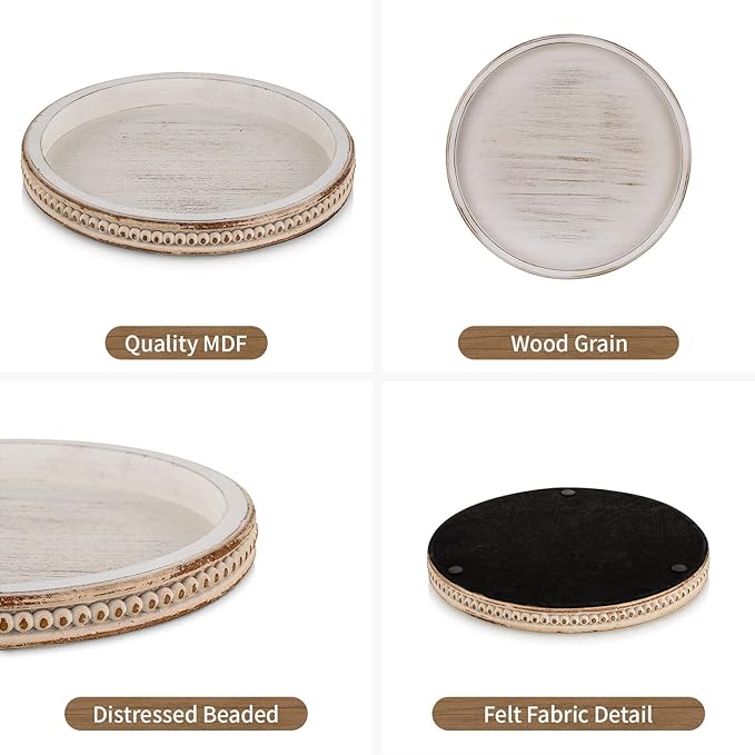 Hanobe Decorative Serving Tray Wood: White Washed Bead Round Tray Decor for Coffee Table Rustic Wooden Trays Farmhouse Centerpiece for Living Room Kitchen Counter
