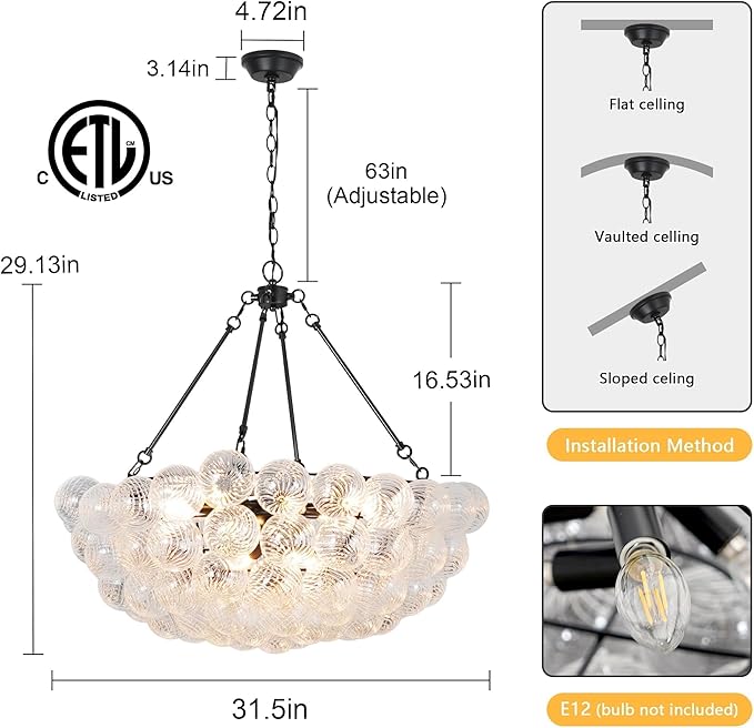 Modern Glass Bubble Globe Chandelier Lighting Luxury Hanging Black Pendant Light for Dining Room, Living Room, Entryway, Staircase, Dia 31.5 Inch