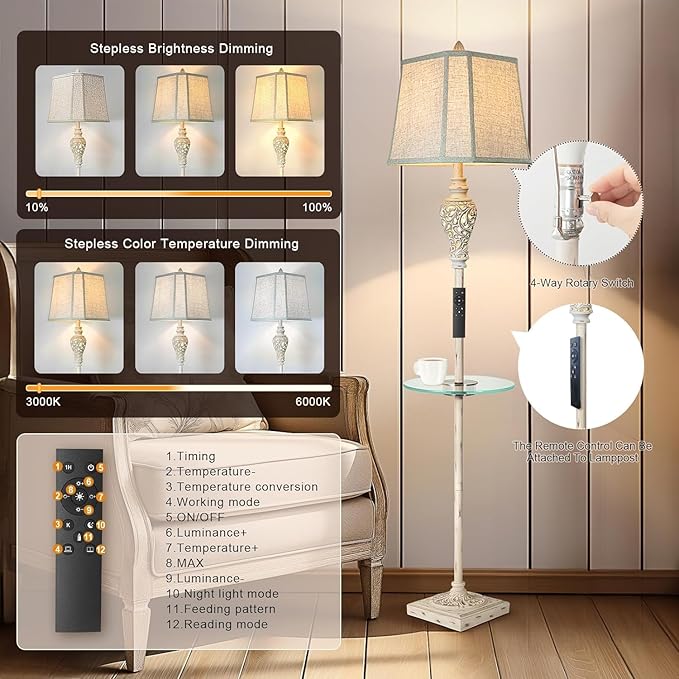 Rustic Floor Lamp, Living Room Lamps with Glass Tray, stepless diming Floor Lamp with Remote Control and USB A&C Charging Ports for Living Room Bedroom Office Smart Bulbs Included