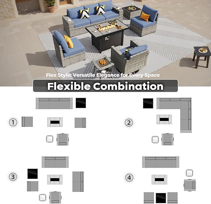 ovios 9 Pieces Patio Furniture Set, Outdoor Wicker Sectional Sofa with 42" Firepit Table Swivel Chair, Modern Modular Deep Seat Rattan Couch Conversation Sets, Denim Blue