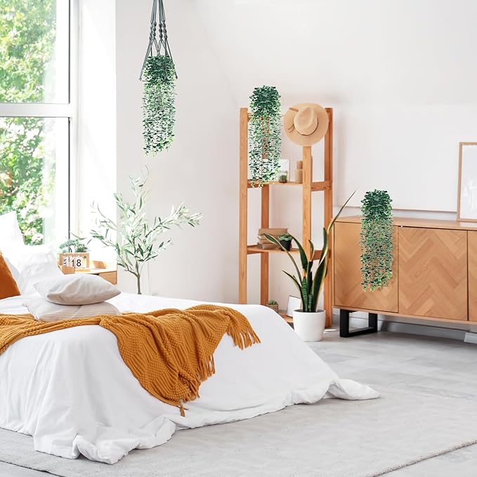 Artificial Hanging Eucalyptus Plants，Fake Plant Eucalyptus Small Decor Faux Hanging Vine Plants Wall Greenery for New Home Decoration，for Floating Shelf Indoor Outdoor Pack of 3