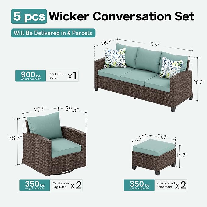 Swivel Glider Patio Furniture Set Outdoor Furniture Brown Wicker Rattan Patio Conversation Sets with Cushion Outside Sofa Set,5 Pieces 7 Seats,Blue