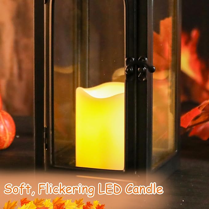 BDOR 2 Pack Fall Lanterns Decor with LED Candle – 16" Stainless Steel & Tempered Glass Lanterns with Harvest Pumpkin Maple Leaf – Premium Thanksgiving Centerpiece for Indoor Outdoor Use