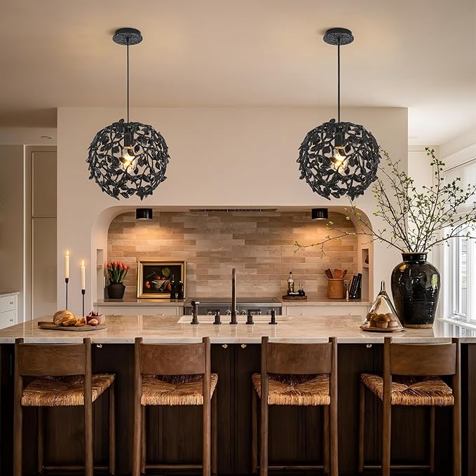 Black Round Tree Branch Pendant Lights Kitchen Islands, 13.8" Modern Farmhouse Adjustable Hanging Light Fixtures, Matte Black Metal Spherical Leaf Pendant Lighting for Dinning Room Bedside Hallway
