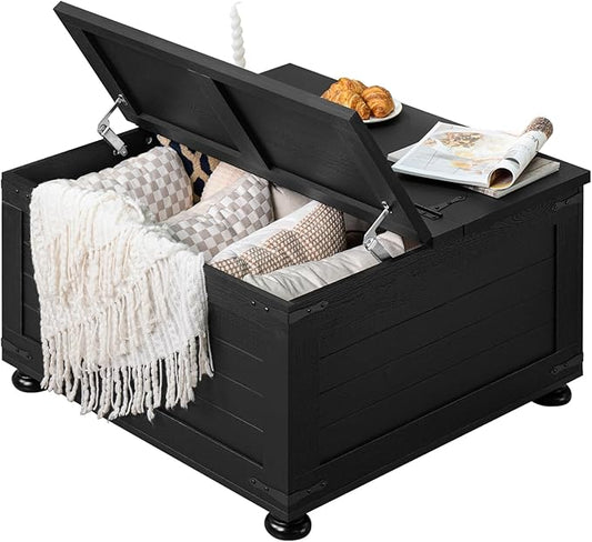Farmhouse Coffee Table with Hidden Storage,Wood Square Center Table for Living Room, Large Rustic Cocktail Tables with Flip-Top Lids, Farm House Tables with Wooden Gourd Feet,Natural Black