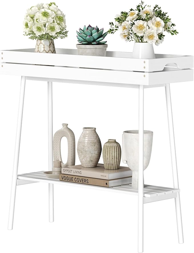 BAMBANG Bamboo Plant Stand Indoor, 2 Tier Small Plant Table, Tall Plant Stand for Indoor Plants, Window Sill Plant Shelf, Flower Pot Holder Plant Bench Plant Rack for Living Room Outdoor, White