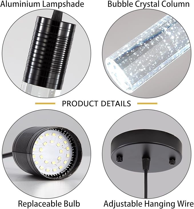 LED Pendant Lights for Kitchen Island Modern Chandelier Pendant Lighting for Dining Room Over Table Sink Lamp Flush Mount Ceiling Crystal 2-Lights Black