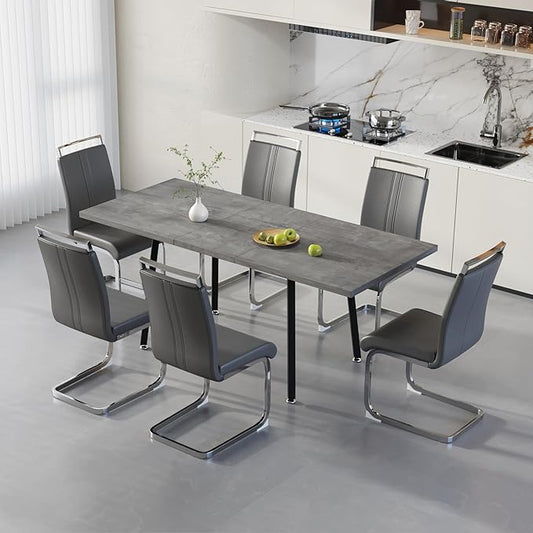 7 Piece Dining Table Set for 6-8,55-71" Extendable Dining Table Set with 6 Upholstered Chairs,Rectangle Kitchen Table Set for Small Space,Dining Room and Office,Grey