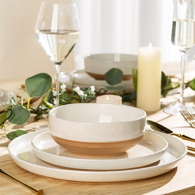 AmorArc 24 Pieces Ceramic Dinnerware Sets for 6, Handpainted Plates and Bowls Set with Rustic Terracotta Underside, Scratch Resistant Stoneware Dishes Set, Dishwasher & Microwave Safe, Light Beige