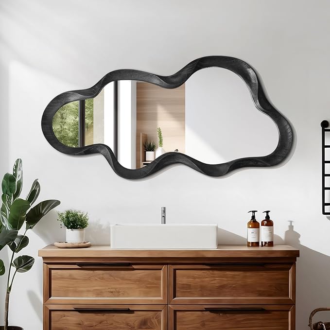 Irregular Wooden Framed Wall Mirror Modern Asymmetrical Unique Hanging Mirror Artistic Unique Cloud Shape Wall Decor Bathroom Vanity Bedroom Living Room Entryway Hallway Large
