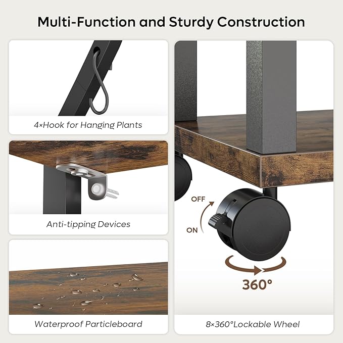 Bestier Plant Stand Indoor with Grow Lights, 6 Tiered Metal Plant Shelf for Indoor Plants Multiple, Half Heart Shape Plant Rack with Wheels, Large Brown Plant Holder for Home Patio Balcony (2 Pack)