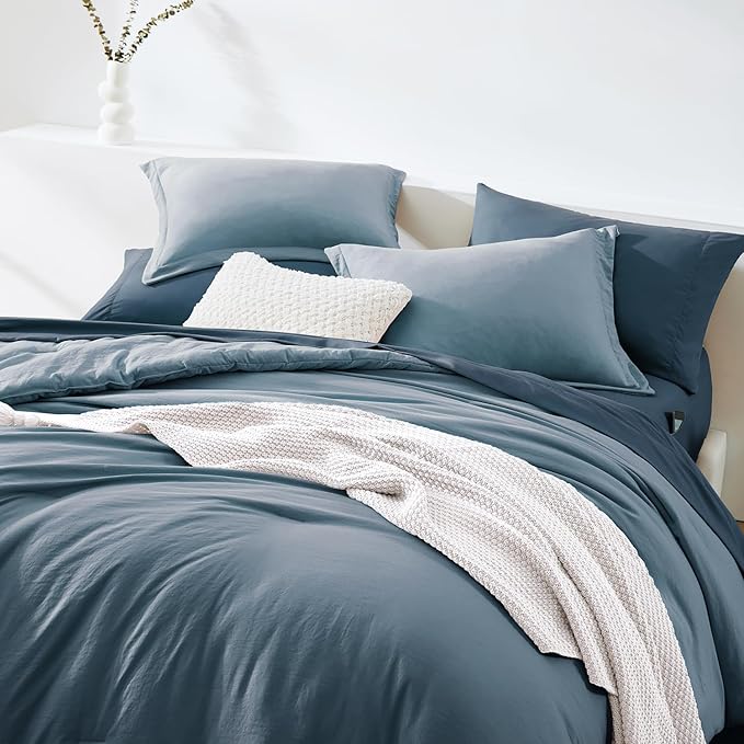 WRENSONGE Queen Comforter Set- 7 Pieces Soft Oxford Blue Bed in a Bag with Fitted Sheet, Flat Sheet, 2 Pillow Shams, and 2 Pillowcases- Warm Bedding Sets Queen for All Season