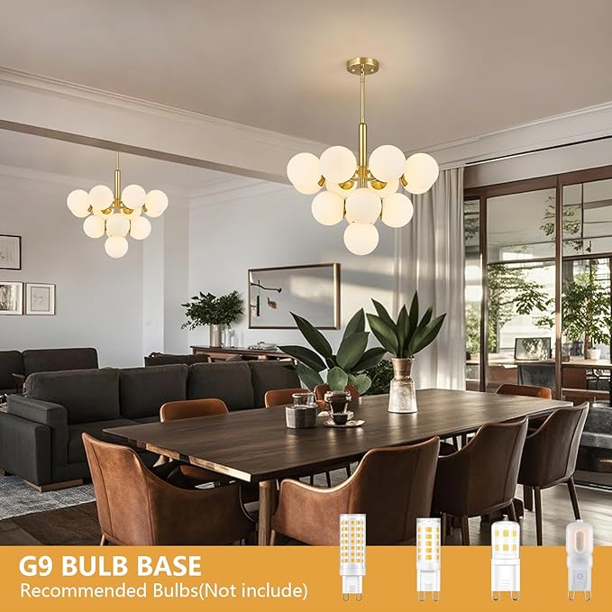 13 Lights Mid Century Modern Chandelier Gold Sputnik Chandelier Globe Pendant Lights with Milk White Glass Lampshade for Dining Room Living Room Foyer ‎‎Entryway