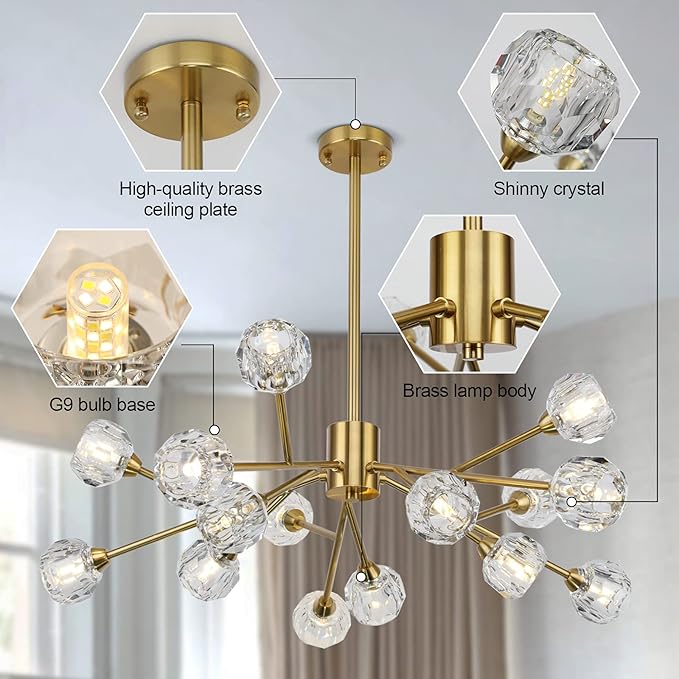 Sputnik Chandeliers for Dining Room Light Fixtures,Modern Crystal Chandeliers for Living Room,15 Lights Gold Mid Century Brass Lighting Fixtures for Kitchen Island Bedroom Entryway