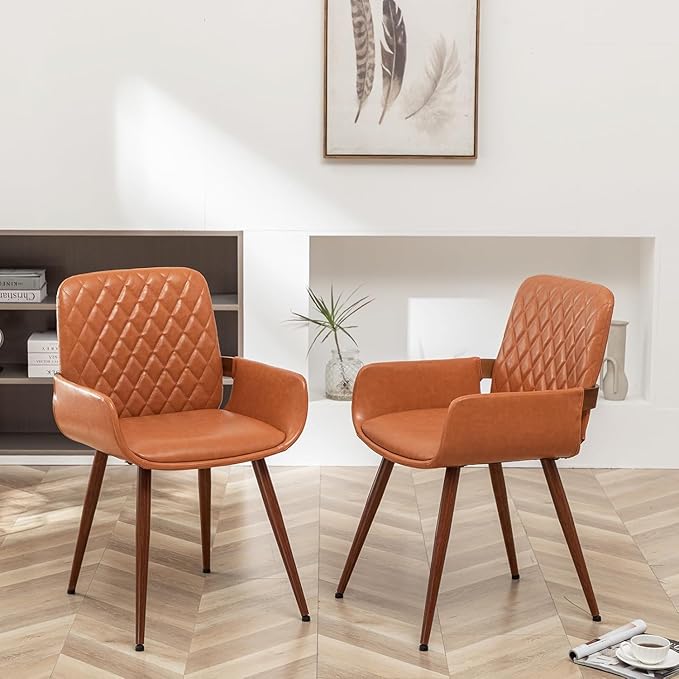 LUNLING Mid Century Modern Faux Leather Dining Chairs Set of 4,Orange Upholstered Seat,Metal Legs Kitchen Chair,Adjustable Foot for Kitchen Dining Room Desk Chairs