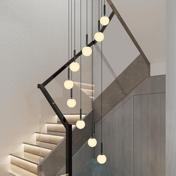 9-Lights Black Chandelier with Milk White Glass Mid Century Modern Globe Pendant Light for Foyer Living Room Entryway Hallway