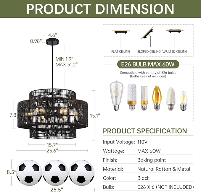 24” Black Boho Large Rattan Chandelier Light Fixture,6-Light Large Hand Woven Pendant Light Fixture Farmhouse Rustic Chandeliers for Kitchen Bedroom, Dining Room, Living Room, Hallway, Foyer