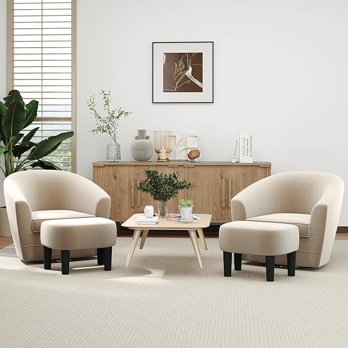 INZOY Swivel Accent Chair with Ottoman for Small Space, 360 Degree Club Chair with Ottoman Set, Comfy Fabric Barrel Reading Chairs for Living Room Bedroom, Beige