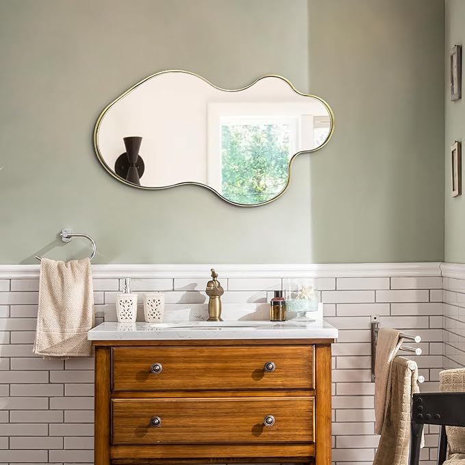 Gold Scalloped Mirror, Irregular Shaped Mirror, 30"x18" Asymmetrical Wall Mirrors Decorative, Wavy Oval Mirrors for Living Room Bathroom Bedroom Hallway Entryway Fireplace