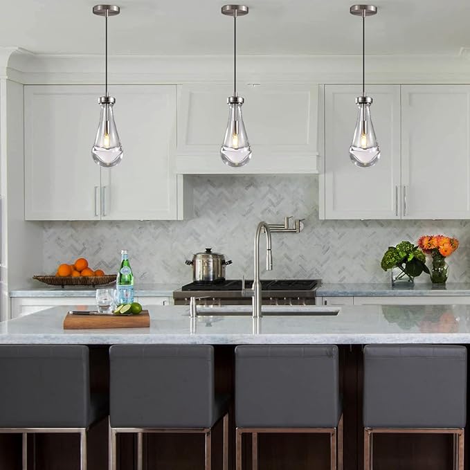 Raindrop Pendant Lights Set of 2, Nickel Pendant Lights Kitchen Island, Brushed Nickel Kitchen Island Light Dining Room Light Fixture, Chandelier for Bedroom Bathroom,Bulb Included