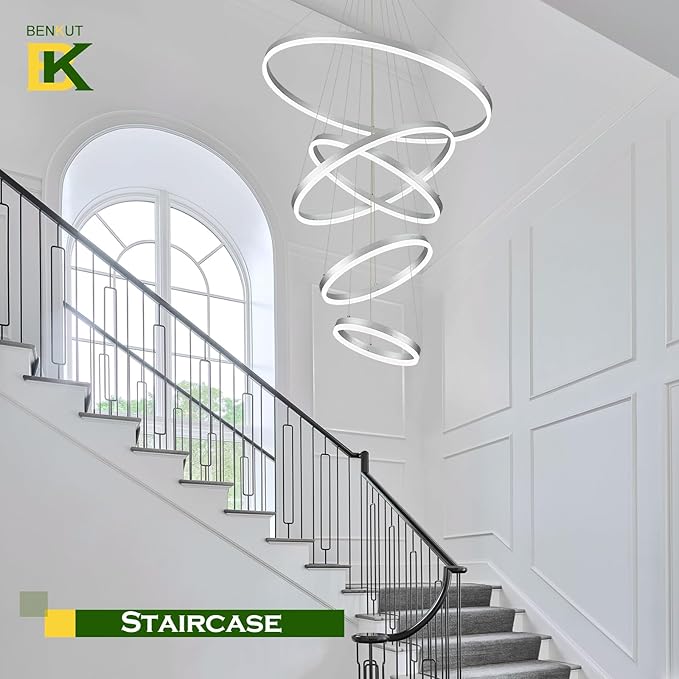 5 Rings D31.5 Modern LED Chandelier Silver Large Dimmable Circular High Ceiling Chandeliers with Remote Control for Foyer Dining Room Living Room Staircase Villa, 3000K-6500K CCT