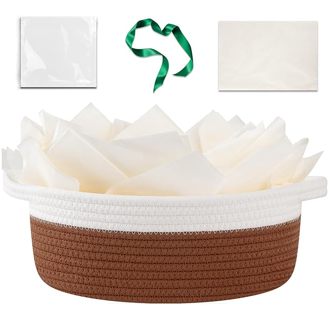 OIAHOMY Gift Basket Empty with Handle, 12"x 8"x 5" Small Woven Basket with Gift Bag, Ribbon and Wrap Tissue Paper, Dog Toy Storage for Organizing - Rust Red & White