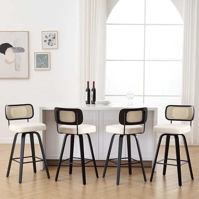 Swivel Counter Height Bar Stools Set of 4, Upholstered Faux Leather Barstools with Rattan Back, 26" Seat Height Bar Chairs Island Stools for Kitchen Counter, Black Wood Frame, Cream White