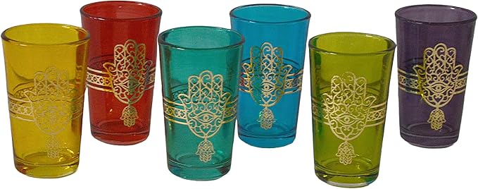 Tea Serving & Glasses Moroccan Set of 6 Tea Glasses Exquisite and Royal Khmissa Colorful