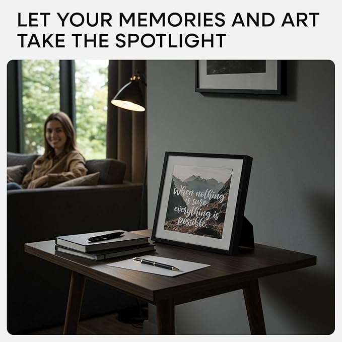 Homeforia 10x10 Black Picture Frame, High End Metal 10 by 10 Square Frames with Mat 8 x 8 Opening, 10by10 Poster Frames Matted to 8x8 Photo, Wall or Tabletop Frames, Tempered Glass, Wall Kit, Set of 2