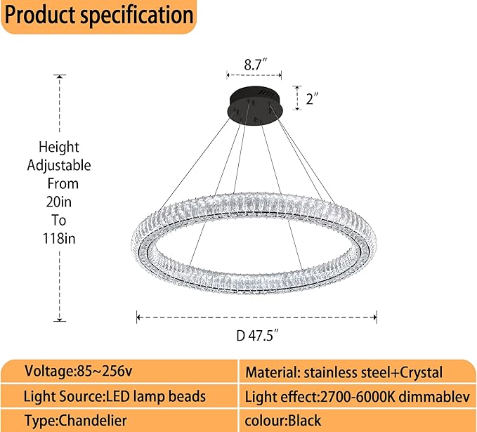 Dimmable LED 47.5" Large Ring Pendant Light Modern Black Crystal Chandelier Adjustable Round Crystal Chandelier Light for Dining Room Living Room