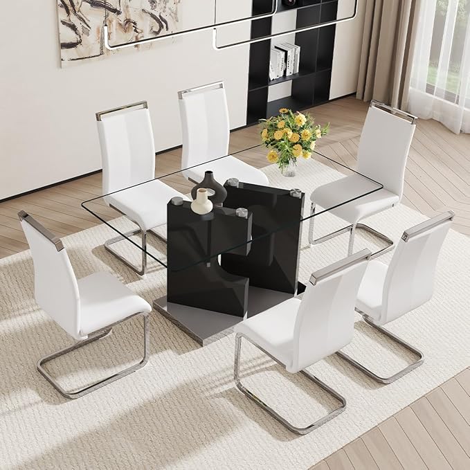 Glass Dining Room Table Set for 6,Dining Table Set for 6 with PU Leather Chairs,Retangular Dining Table with MDF Table Legs and Sliver Base for Dining Room