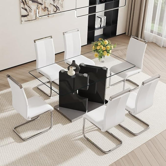 Glass Dining Room Table Set for 6,Dining Table Set for 6 with PU Leather Chairs,Retangular Dining Table with MDF Table Legs and Sliver Base for Dining Room