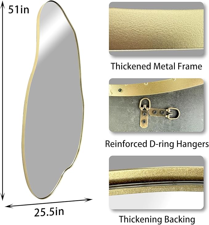 Large Irregular Mirror, 51.1"x25.59" Asymmetrical Mirrors, Abstract Wall Mirror Decorative, Gold Wavy Shaped Mirrors for Living Room Bathroom Bedroom Hallway Entryway Fireplace