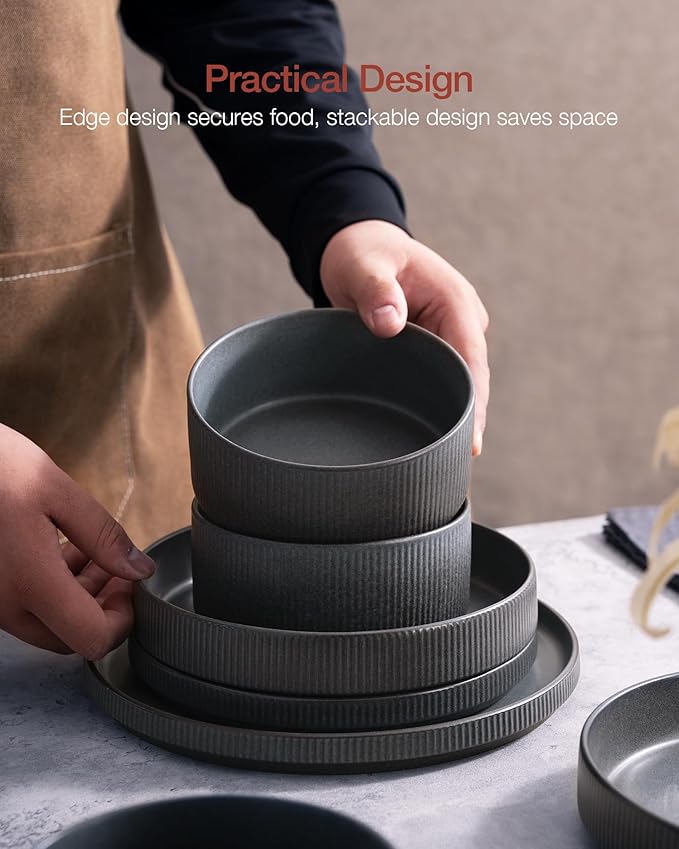 Famiware Star Dinnerware Set with Pasta Bowls, Service for 4 (16pcs), Ribbed Stoneware Plates and Bowls Dishes Sets - Chip & Scratch Resistant, Microwave & Dishwasher Safe, Matte Dark Charcoal