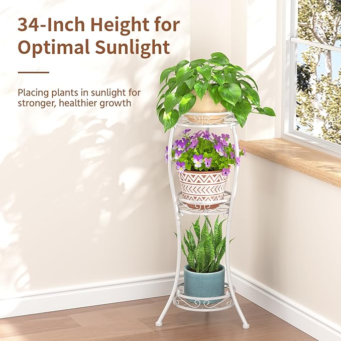 LASZOLA White 3 Tier Tall Plant Stand for Indoor Outdoor, Large Multiple Level Flower Planter Holder Organizer Rack for Patio Office Bathroom Corner Floor, Sturdy Heavy Duty Metal, Vertical Display