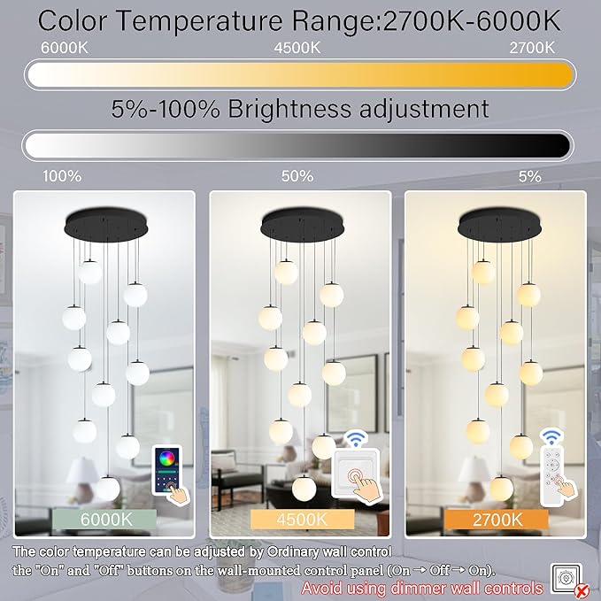 H118 Large Chandeliers for High Ceilings,12-Lights Mid Century Globe Chandelier Black Modern Globe Pendant Light for Entryway Villas and Stairs