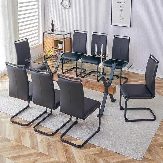 9 Piece Glass Dining Table Set, Kitchen Table Chairs Set for 8, 71'' Dining Table with 0.4" Tempered Glass Tabletop with Plated Metal Legs and MDF Crossbar, 8 PU Chairs for Dining Room, Kitchen.