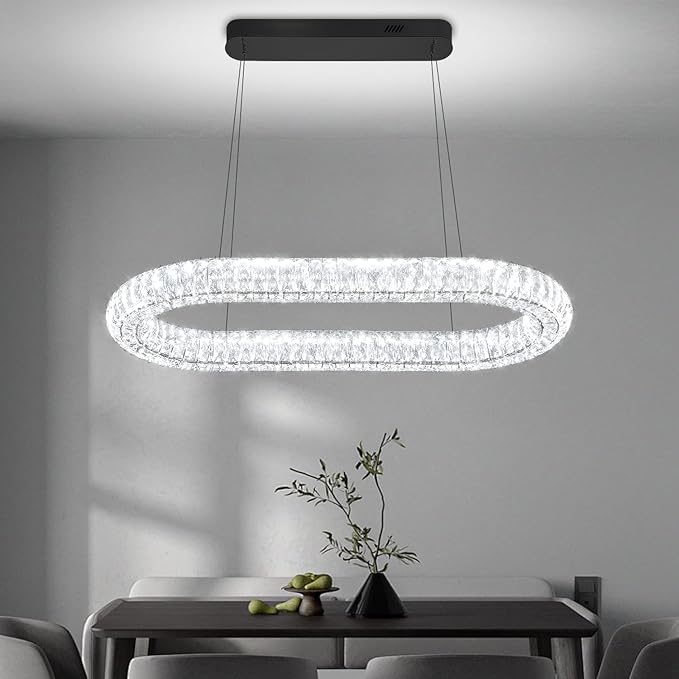 Oval Crystal Chandelier, 31.5'' Black Crystal Ring Pendant Light for Kitchen Island Modern Linear Oval Chandeliers for Dining Room Dimmable 3000K-6000K