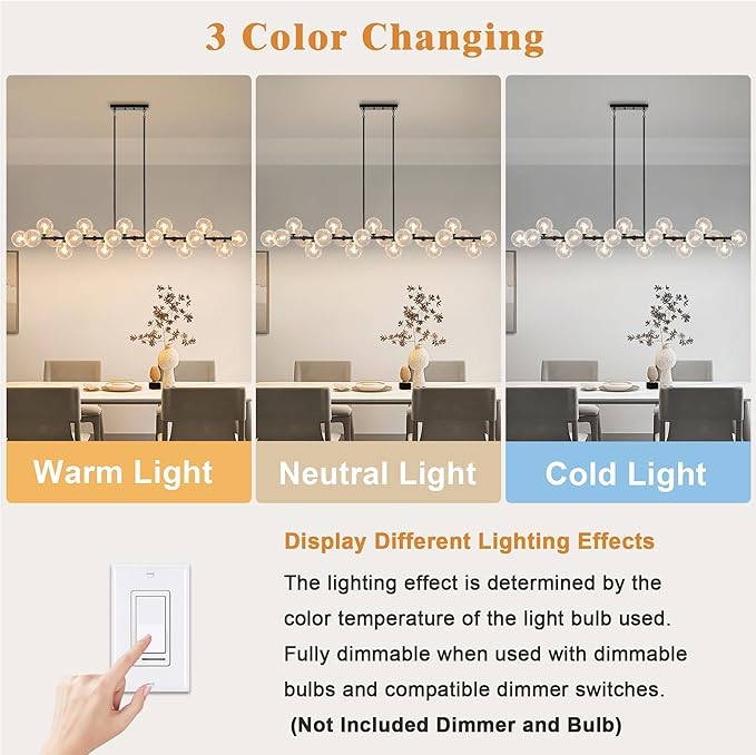 Modern Linear Chandeliers for Dining Room 70 Inhch Sputnik Linear Chandelier Clear Striped Glass Globe Pendant Light for Kitchen Island, Farmhouse, Living Room, Dia 70 Inch