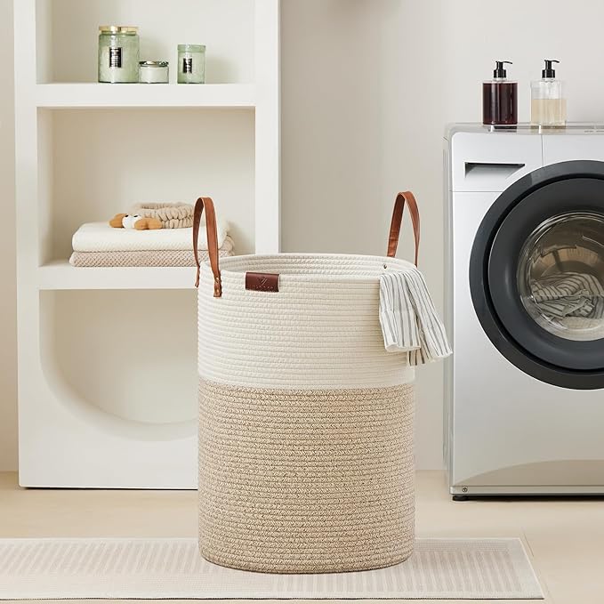 VIPOSCO Tall Laundry Basket, Large Dirty Clothes Hamper with Leather Handle, Woven Rope Storage Basket for Blanket, Toy In Living Room, Bathroom, Bedroom - 100L White & Brown