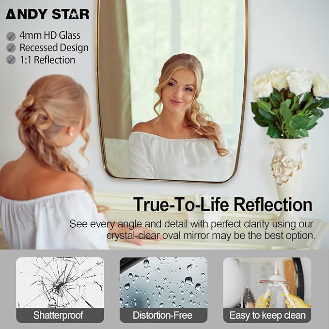 ANDY STAR Gold Mirror for Bathroom, 28x36 Inch Stainless Steel Metal Frame Oblong Bathroom Mirror for Vanity, 1’’ Deep Wall Mounted Vertically/Horizontal