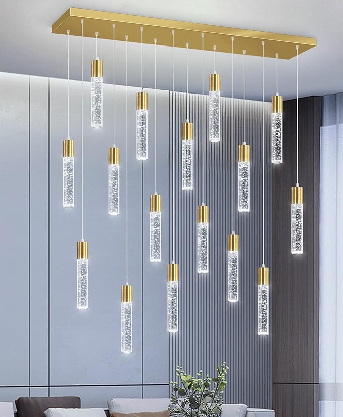 16-Lights Modern Crystal Rectangular Chandeliers LED Pendant Light for Kitchen Island High Ceiling Chandelier for Dining Room Entrance Foyer Living Room Gold