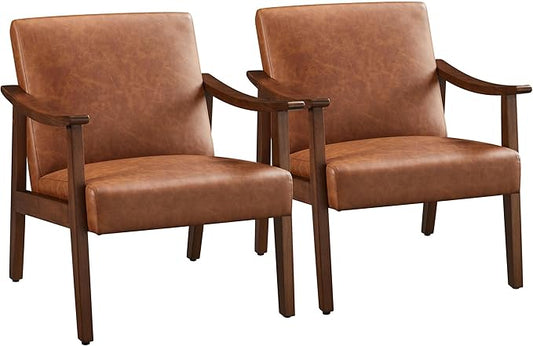 Yaheetech PU Leather Accent Chair, Mid-Century Modern Armchair with Solid Wood Legs, Reading Leisure Chair with High Back for Living Room Bedroom Waiting Room, Set of 2, Brown